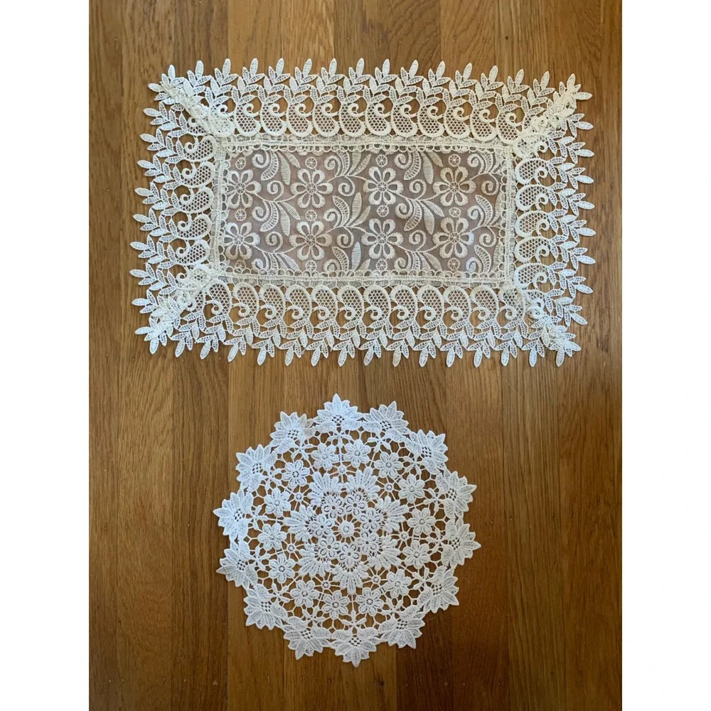 Vintage Lace Doilies Set of 2 Cream Floral Embroidered Table Linens